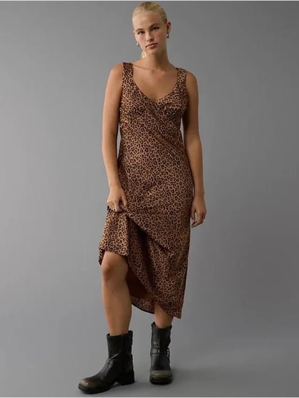 American Eagle Outfitters Leopard Print Satin Midi Slip Dress